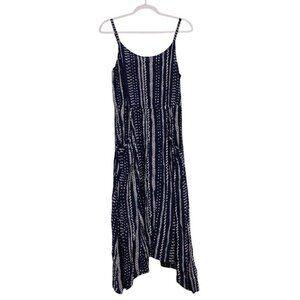 Cabi Midi Dress Size Medium Navy Shark Bite Hem Elastic Waist Geometric Preppy